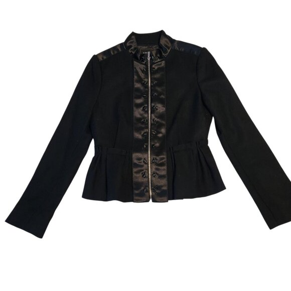 BCBGMAXAZRIA Black Peplum Jacket Satin Button Wool Military Goth Small NEW‎ NWT - Picture 1 of 10